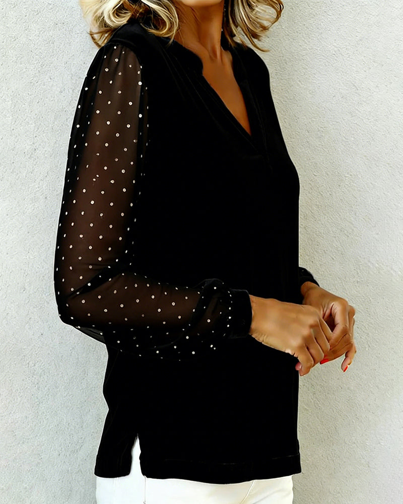 Top a Maniche Lunghe in Velluto con Scollo a V