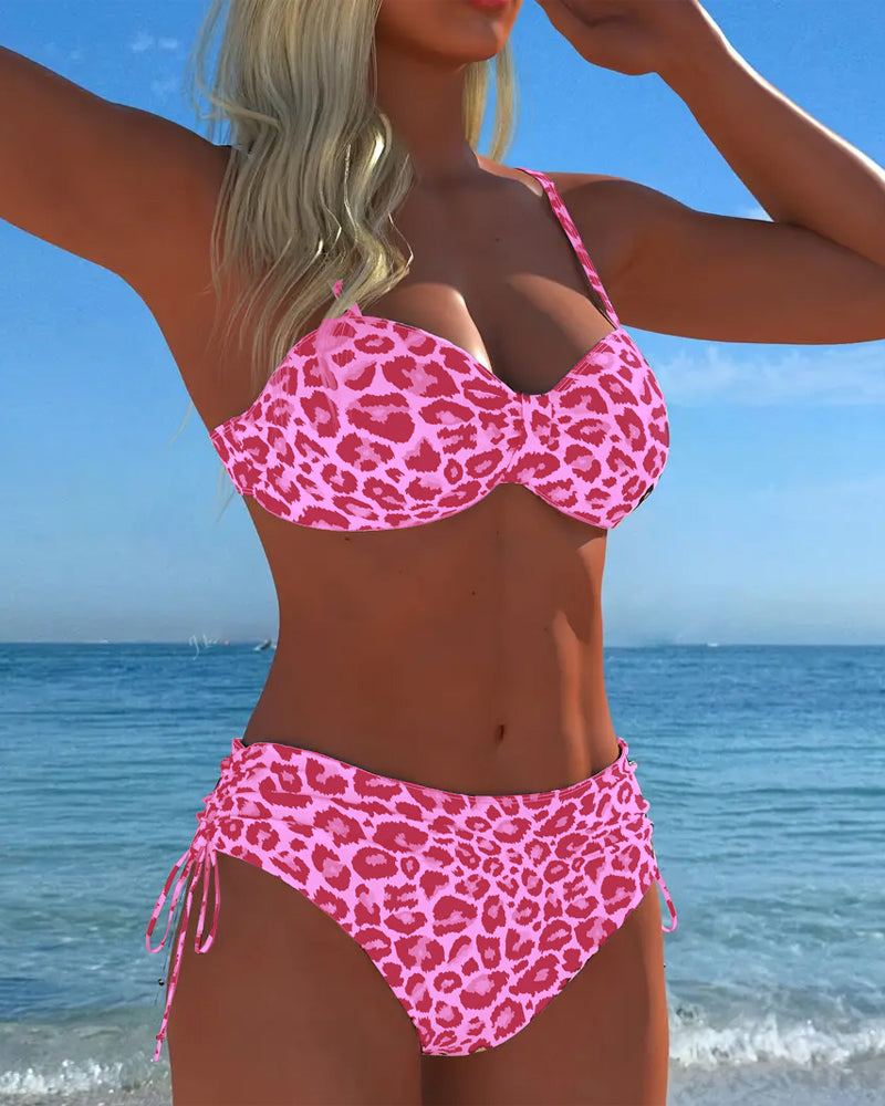 Costume Da Bagno Due Pezzi Allacciato Con Stampa Leopardata
