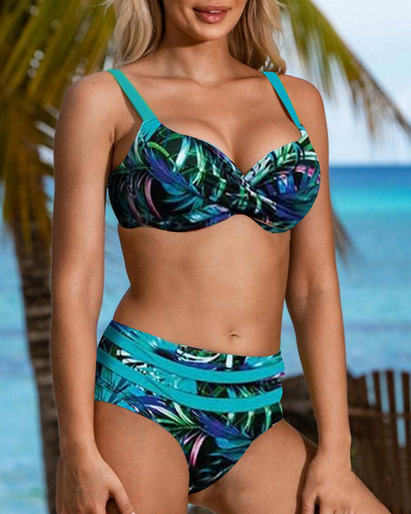 Bikini a vita alta con stampa a foglie