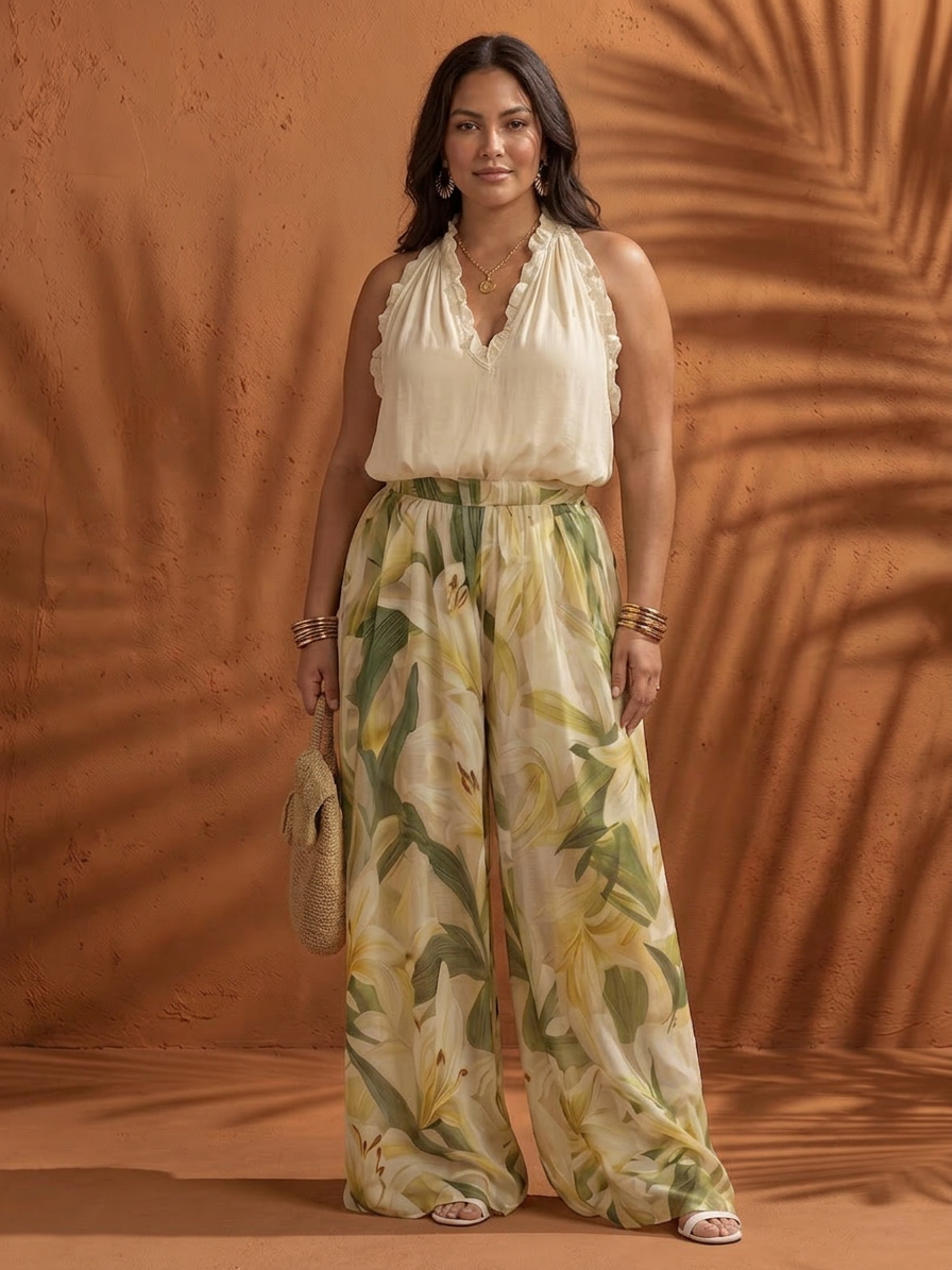 Solange | Top Halter Floreale e Pantaloni a Palazzo