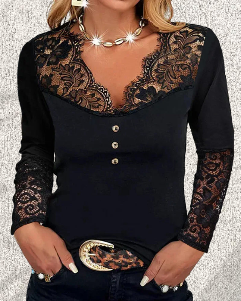 Top a maniche lunghe in pizzo con scollo a V