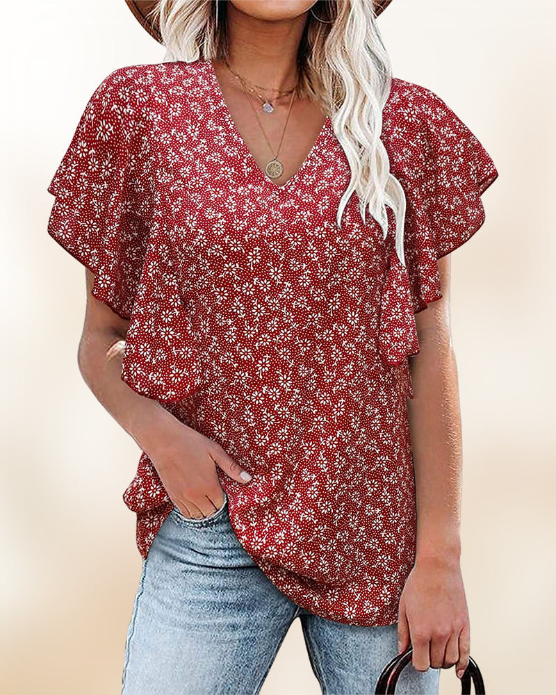 Camicia plissettata a maniche corte e scollo a V