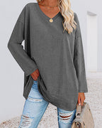 T-shirt donna tinta unita scollo a V maniche lunghe