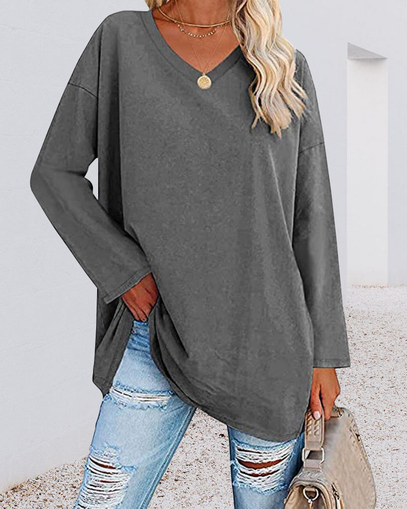 T-shirt donna tinta unita scollo a V maniche lunghe