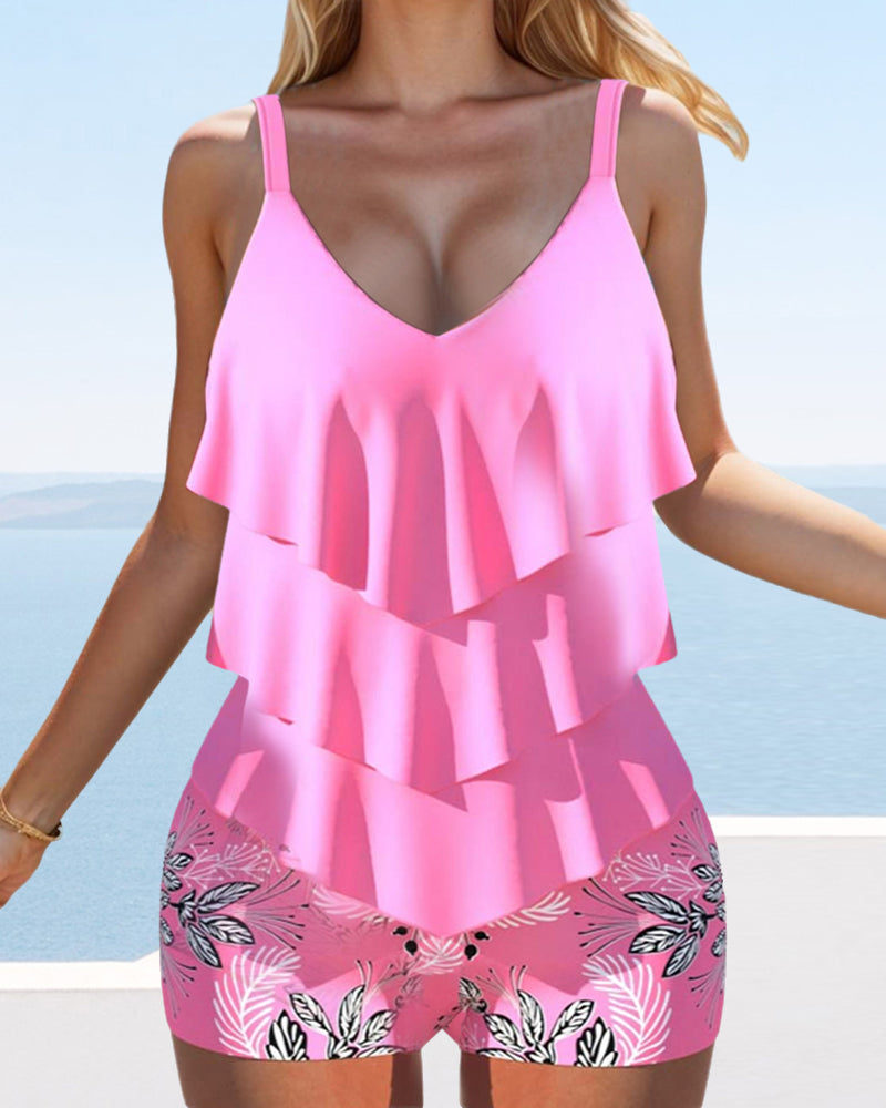 Tankini stampato con bretelline e balze