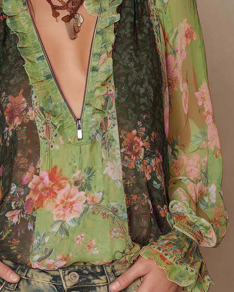 Camicetta mezza zip con stampa floreale