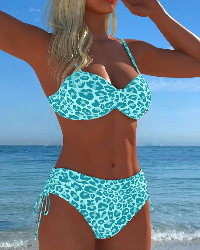 Costume Da Bagno Due Pezzi Allacciato Con Stampa Leopardata
