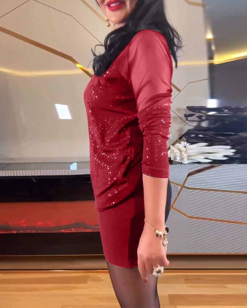 Top scollato a V in maglia e paillettes a tinta unita