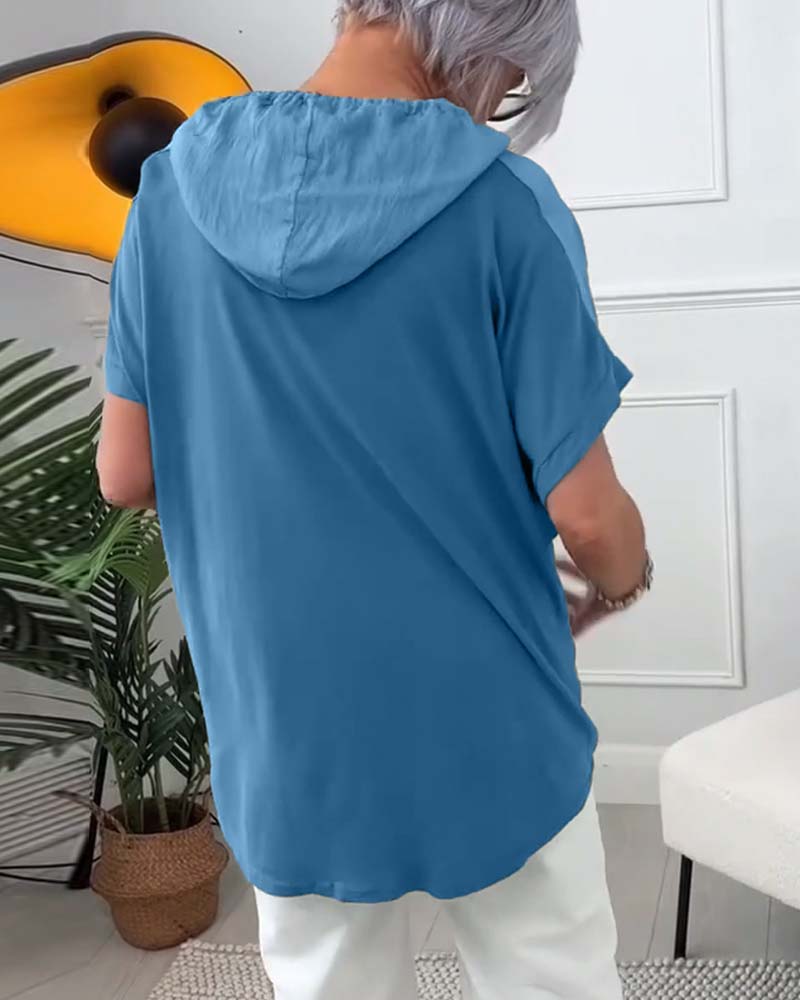 Blusa casual con cappuccio e maniche corte con stampa floreale