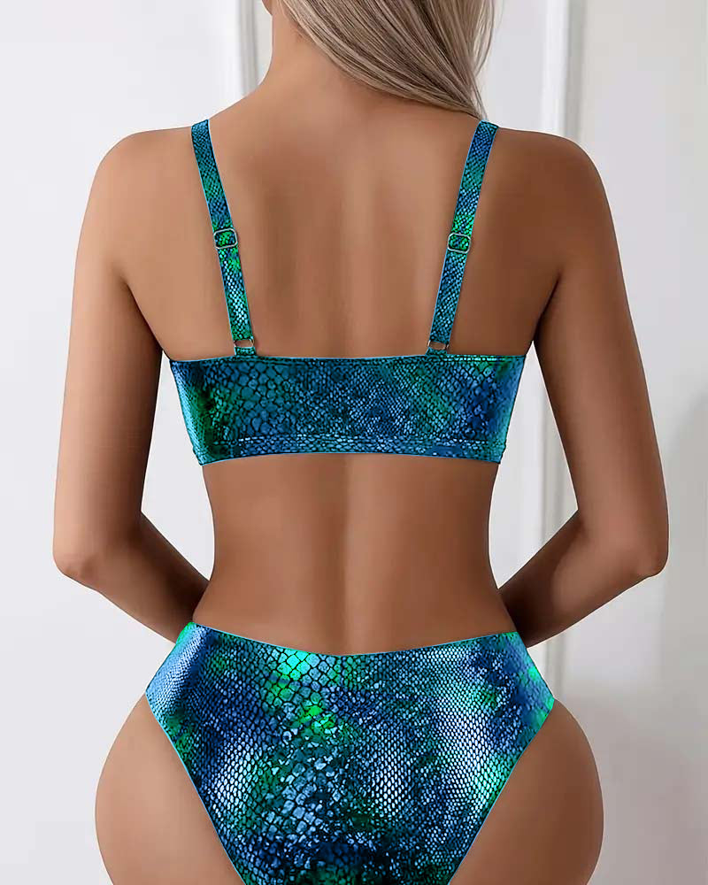 Bikini stampa serpente con laccetti, vita alta, triangolo