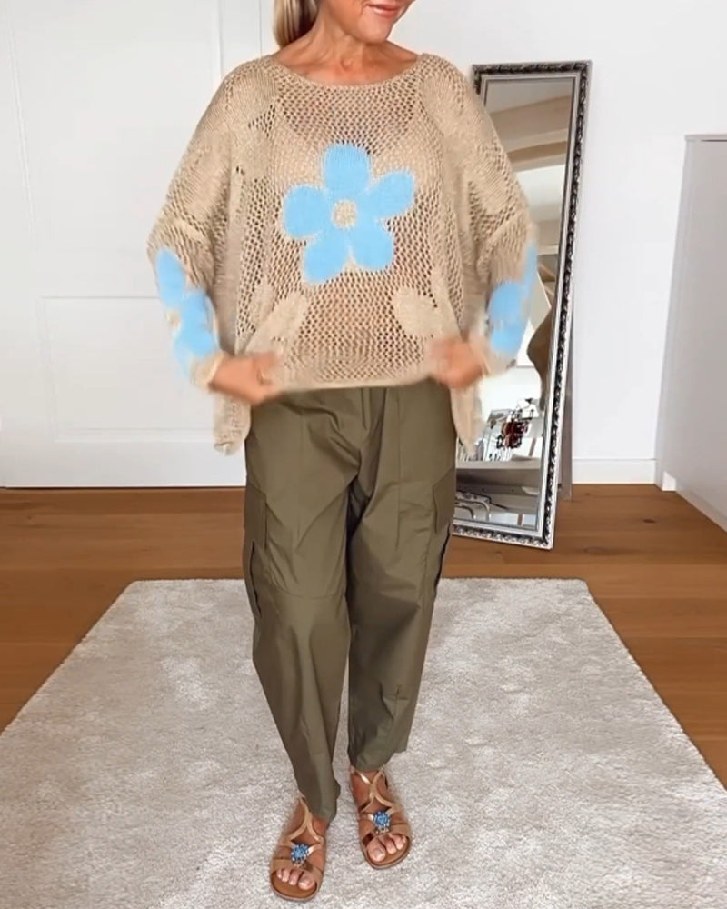 Maglione traforato a maniche lunghe e girocollo, vestibilità morbida, motivo floreale