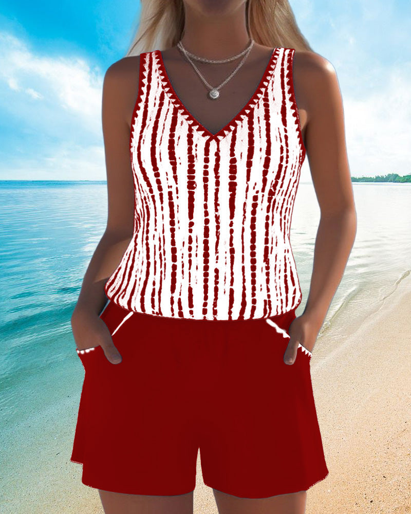 Costume da bagno casual a due pezzi con scollo a V e stampa a tasche