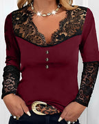 Top a maniche lunghe in pizzo con scollo a V