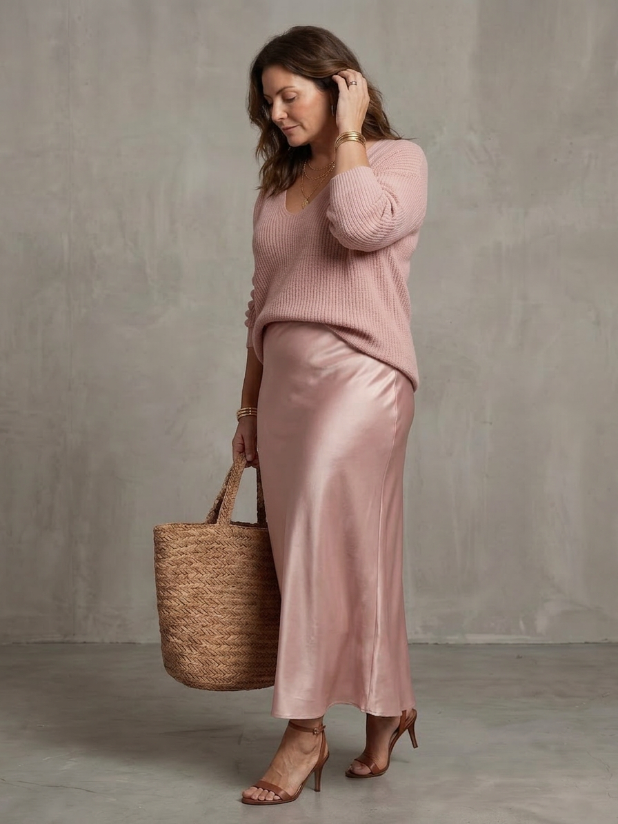 Luciana | Completo Gonna in Raso Tagliata in Sbieco con Coprispalle in Maglia