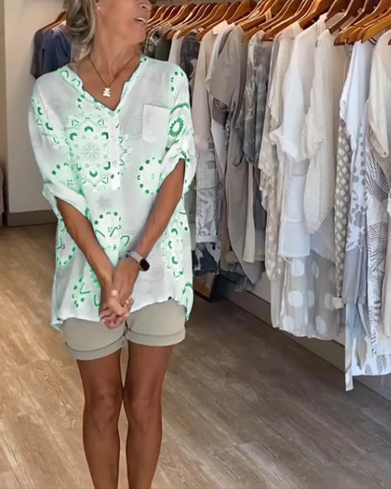 Camicetta Versatile con Stampa Scollo a V Maniche a Metà