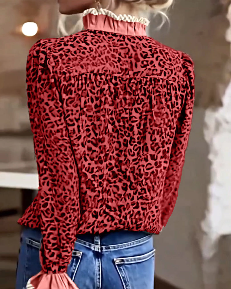Camicetta casual a maniche lunghe con stampa leopardata