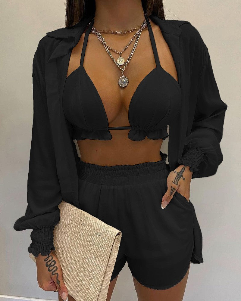 Completo bikini tre pezzi con camicia a maniche a sbuffo