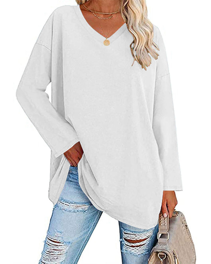 T-shirt donna tinta unita scollo a V maniche lunghe