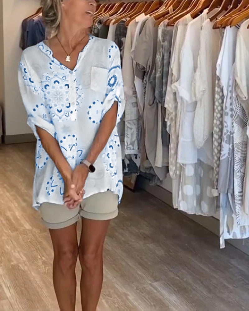 Camicetta Versatile con Stampa Scollo a V Maniche a Metà