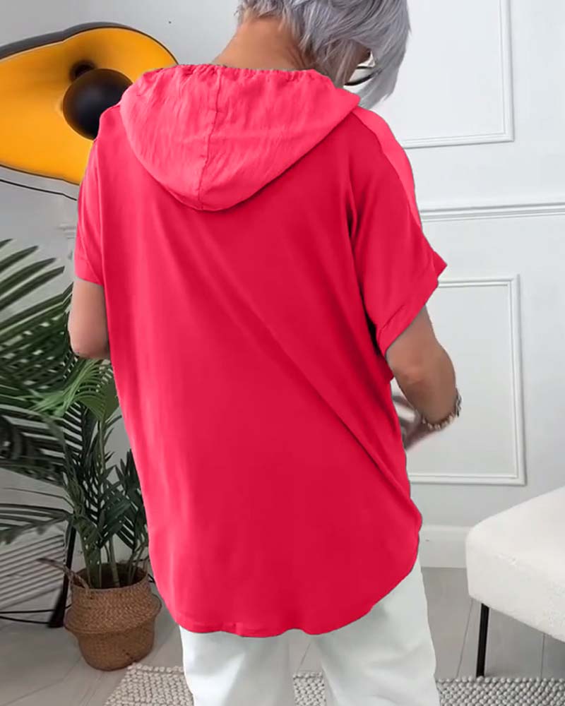 Blusa casual con cappuccio e maniche corte con stampa floreale