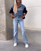 Felpa con cappuccio e zip in denim patchwork casual