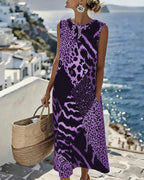Vestito lungo senza maniche con stampa leopardata patchwork