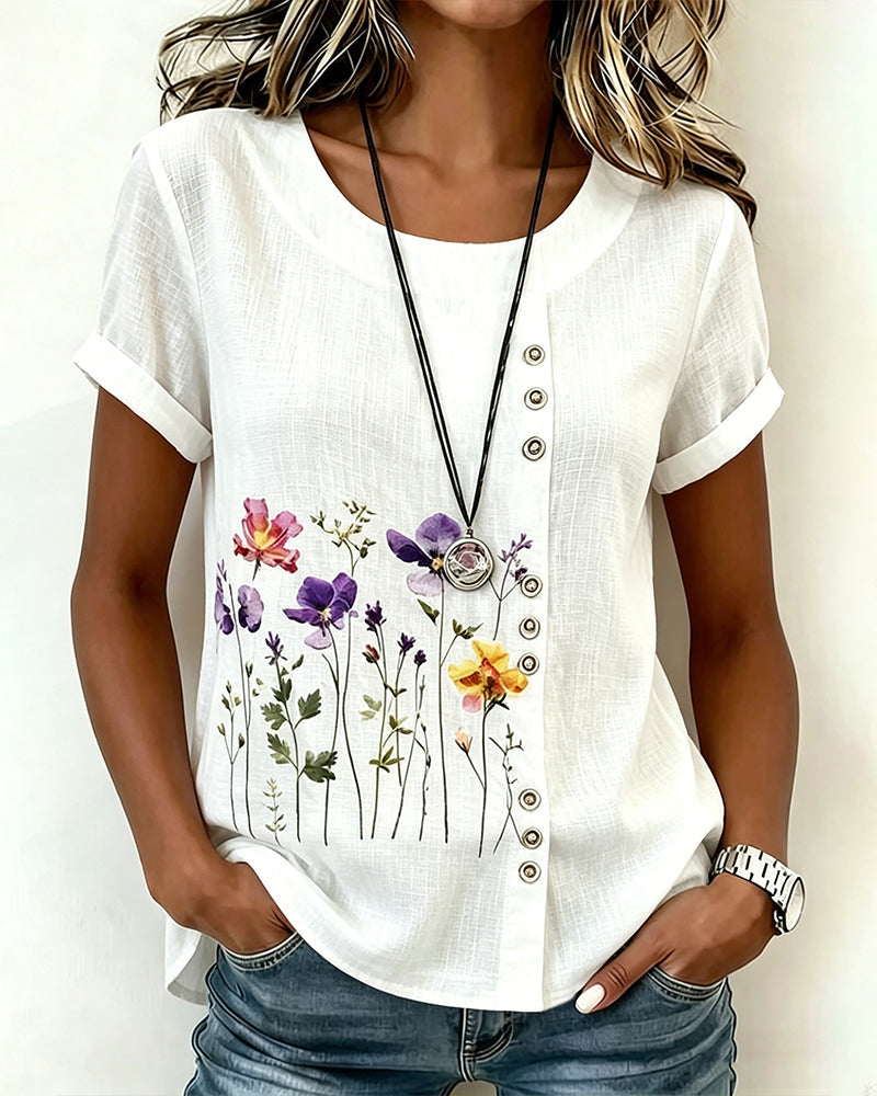 T-shirt floreale con stampa, girocollo, manica corta