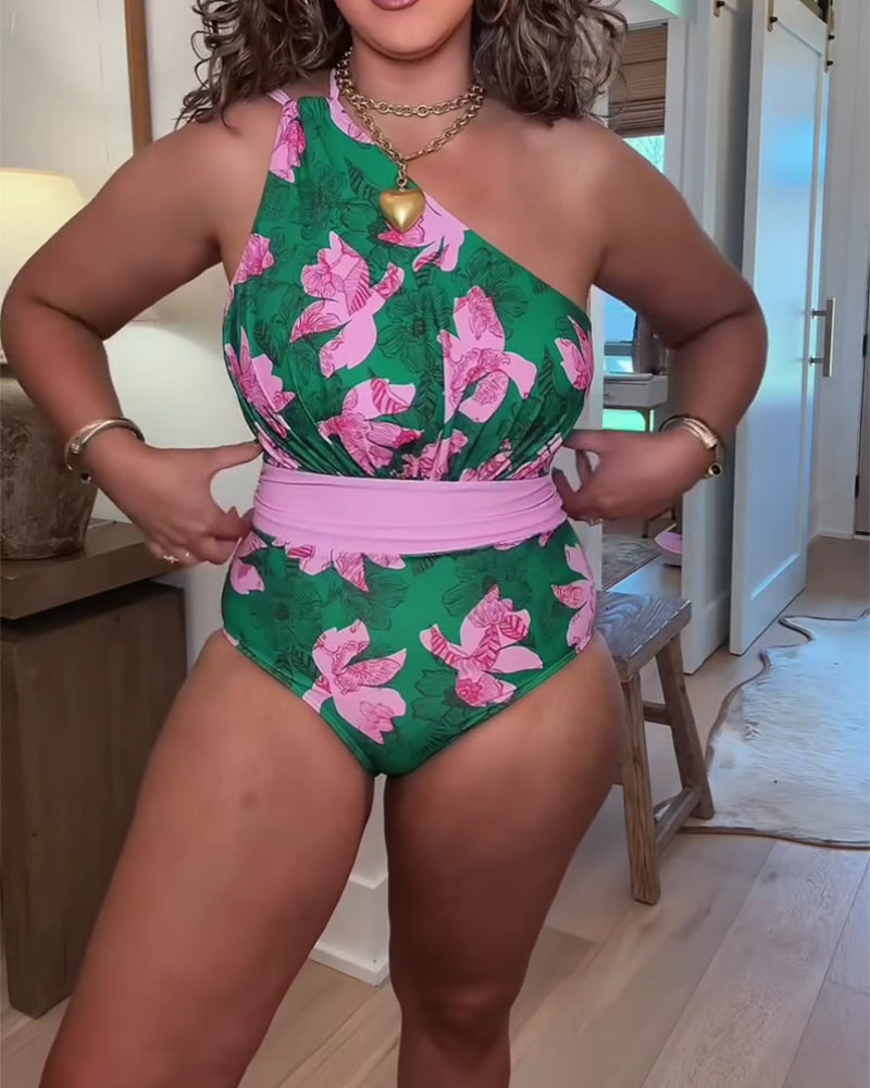 Costume da bagno intero a portafoglio con blocchi di colore a fiori