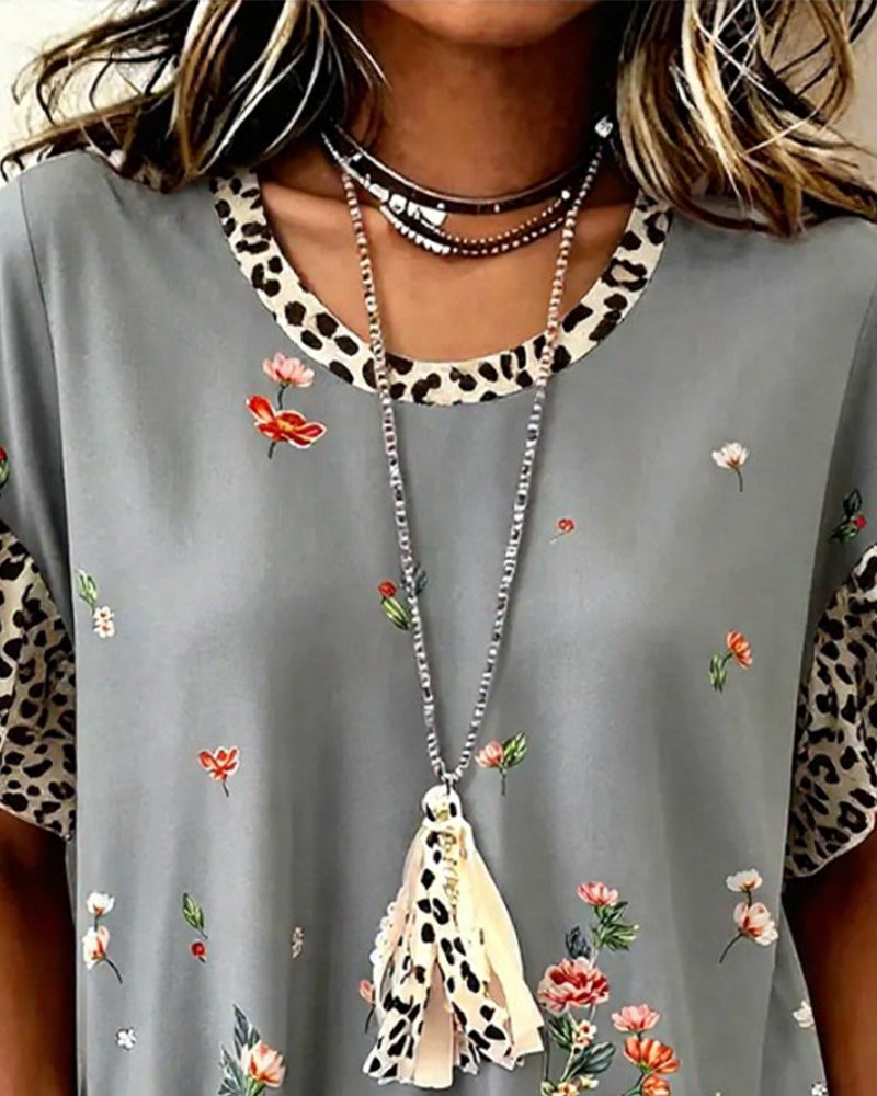 T-Shirt Leopard Patchwork Stampa Floreale