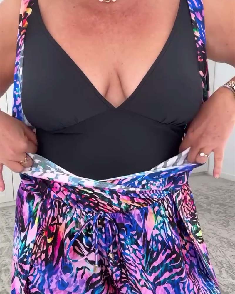Costume da Bagno Intero a V con Stampa Colorata