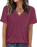 T-shirt a tinta unita con scollo a V casual a maniche corte