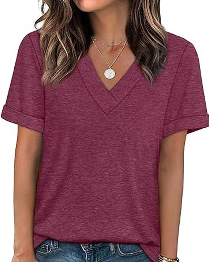 T-shirt a tinta unita con scollo a V casual a maniche corte