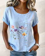 T-shirt floreale con stampa, girocollo, manica corta