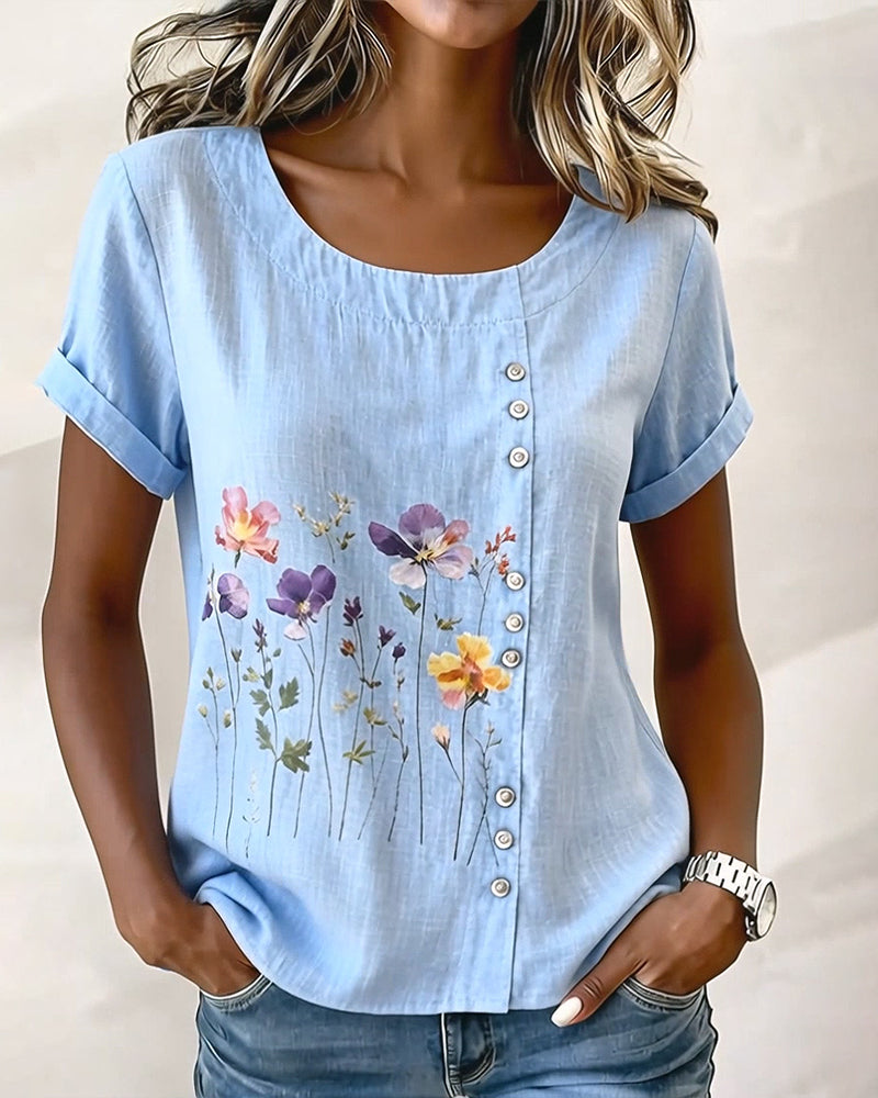 T-shirt floreale con stampa, girocollo, manica corta