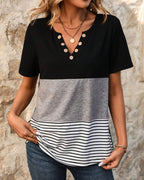T-Shirt Casual A Righe Con Colore A Contrasto
