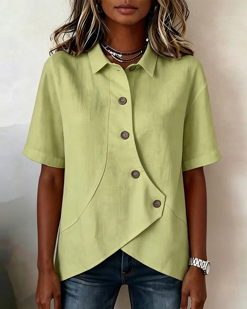Camicia con Patta in Cotone-lino Asimmetrica abbottonata