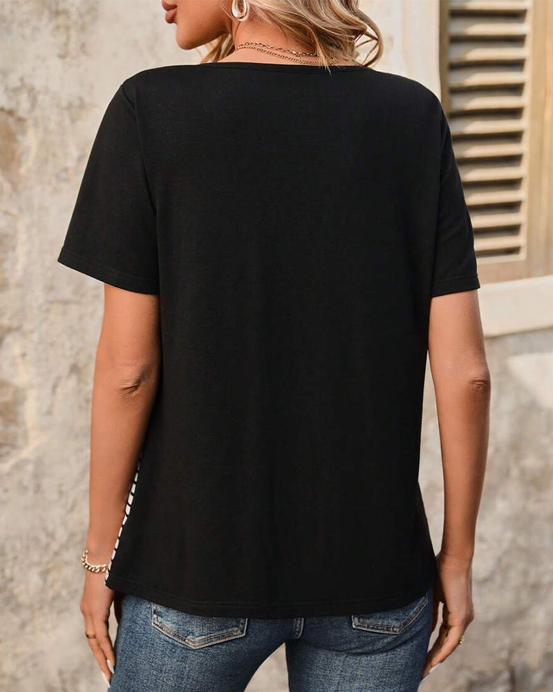 T-Shirt Casual A Righe Con Colore A Contrasto
