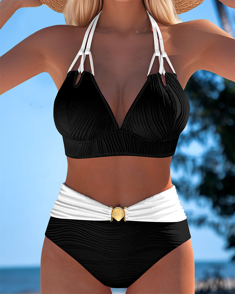 Costume da bagno a doppia bretella a vita alta a colori a contrasto