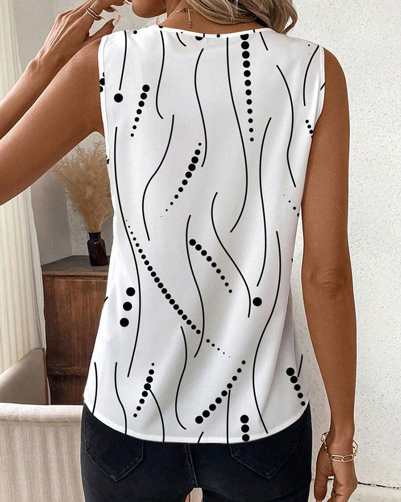 Gilet Scollo a V Senza Maniche Plissettato Stampato