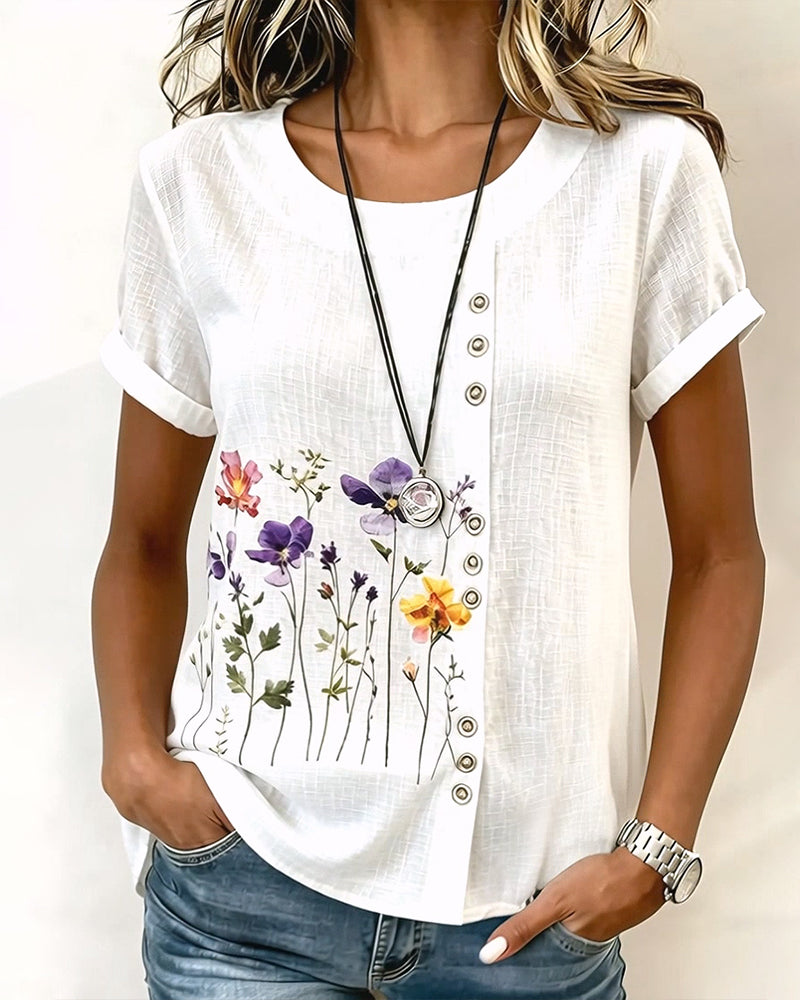 T-shirt floreale con stampa, girocollo, manica corta