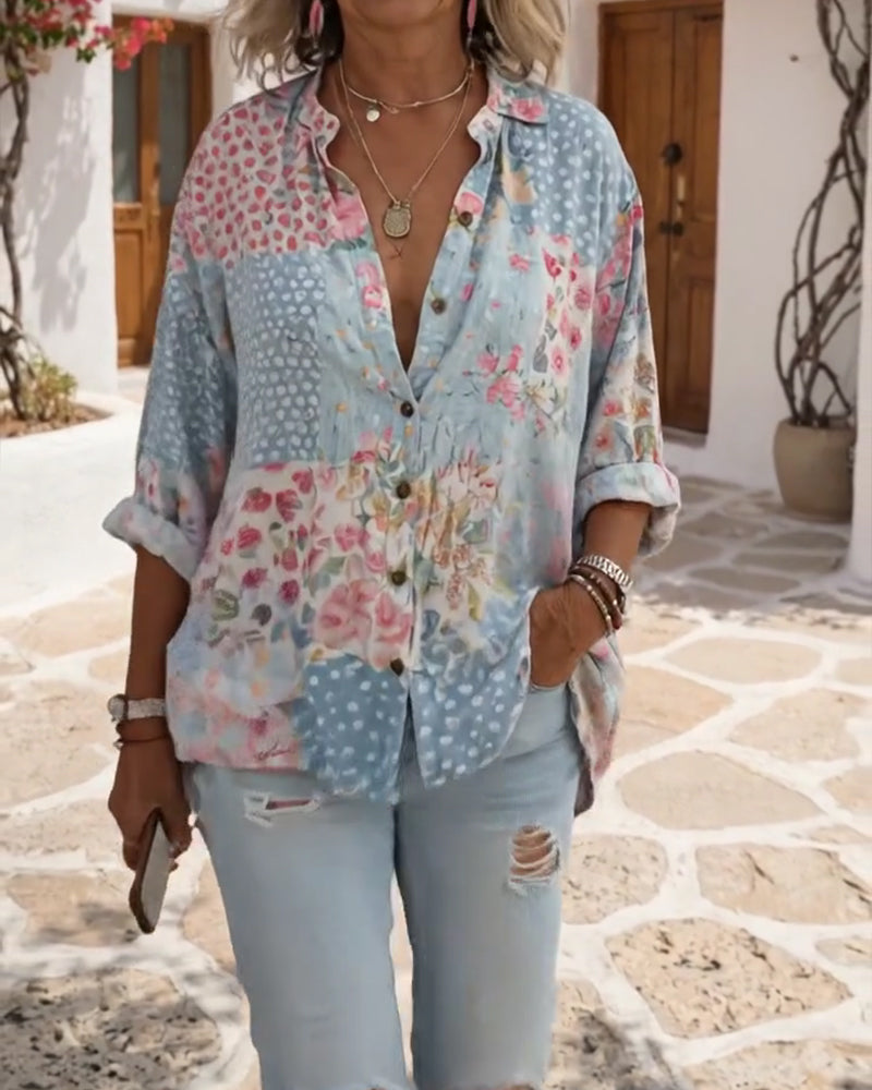 Camicia con stampa floreale e collo alto