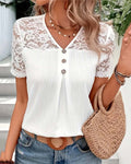 Blusa Scollo a V Tinta Unita Pizzo Cuciture