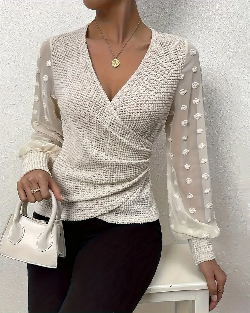 Maglia Scollo a V con Pieghe e Maniche Lunghe