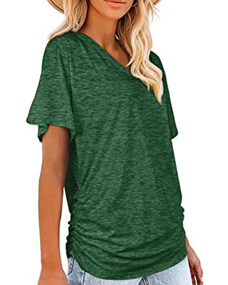 T-shirt Plissé Monocromatico con Scollo a V