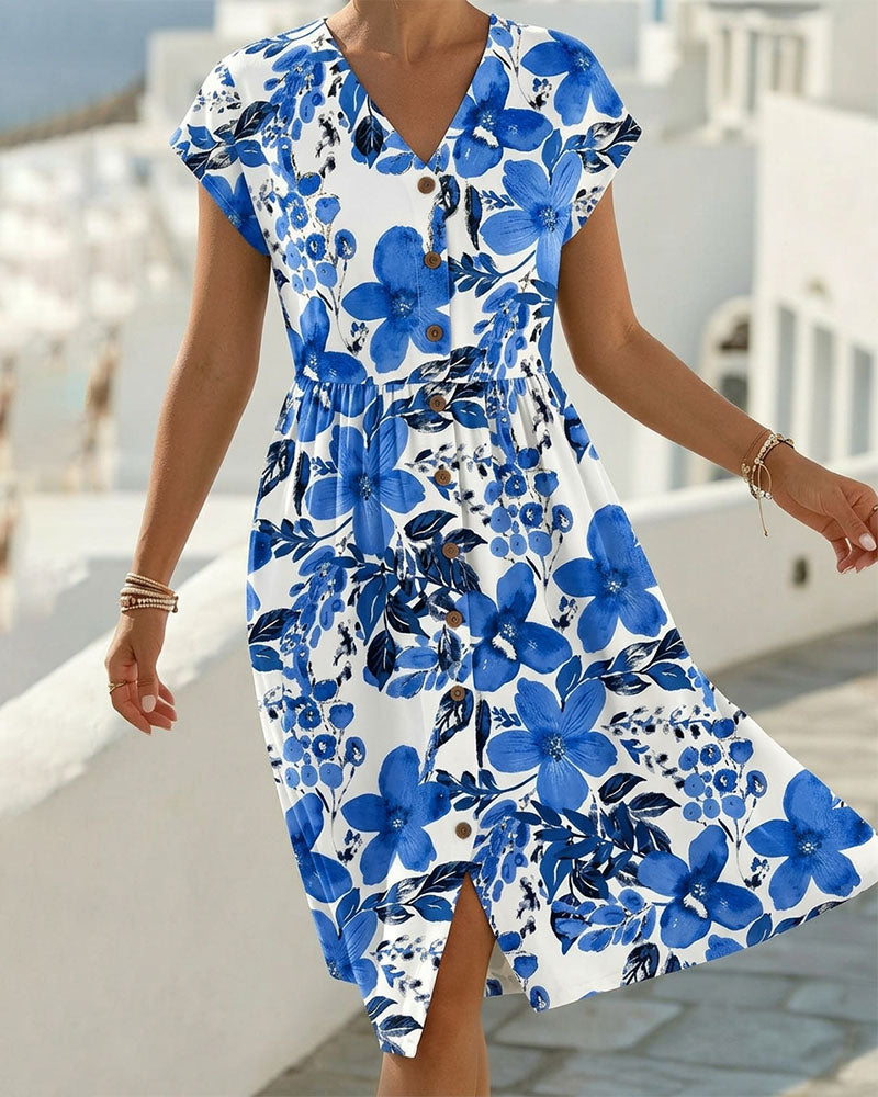 Vestito Stampa Floreale Scollo a V Maniche Corte