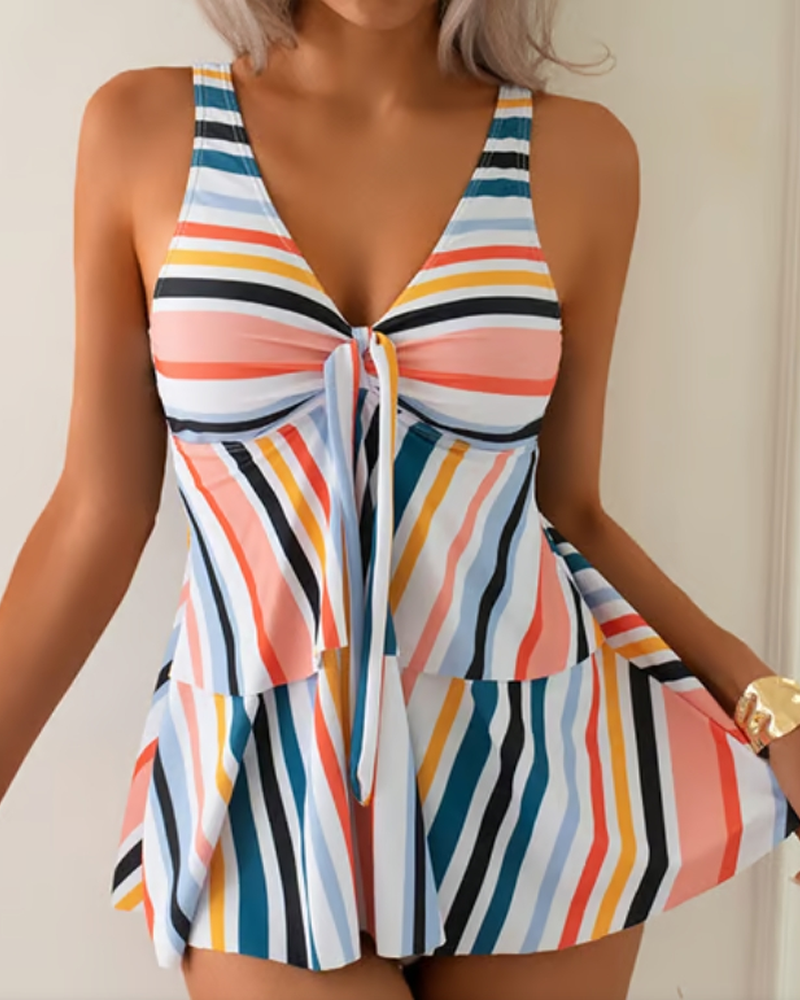 Costume da Bagno Bikini Triangolo a Righe con Laccetti Due Pezzi