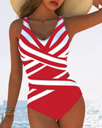 Costume da bagno intero casual a righe con scollo a V