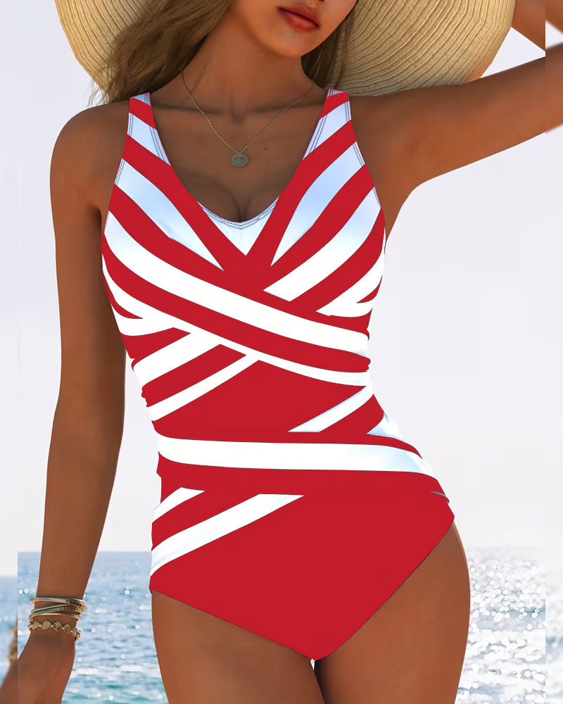 Costume da bagno intero casual a righe con scollo a V