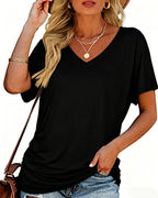 T-shirt Plissé Monocromatico con Scollo a V