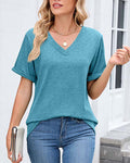 T-shirt a tinta unita con scollo a V casual a maniche corte